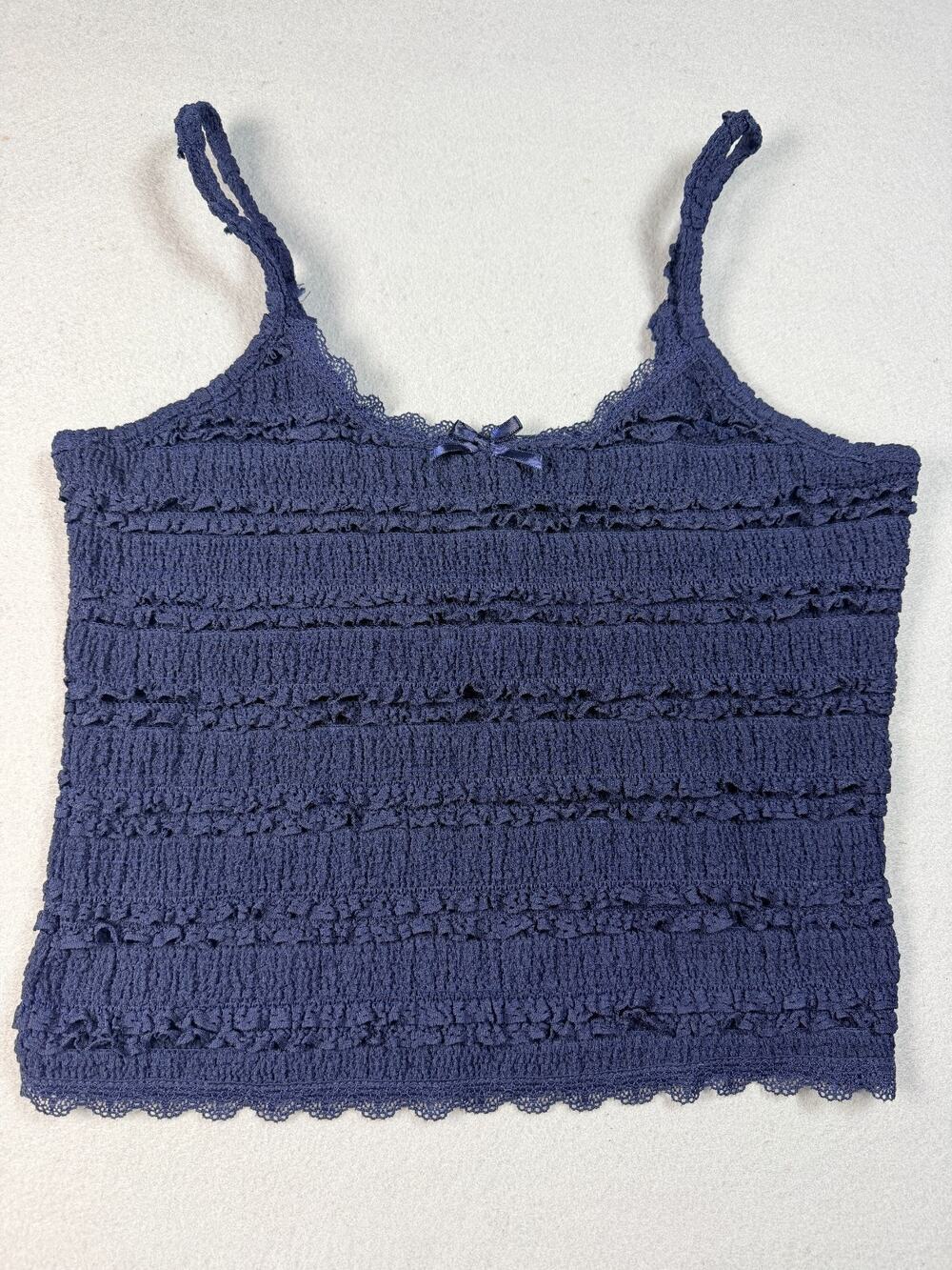 No Boundaries Smocked Tank Top Navy Blue Lace Trim Ruffle Women's Medium NWOT